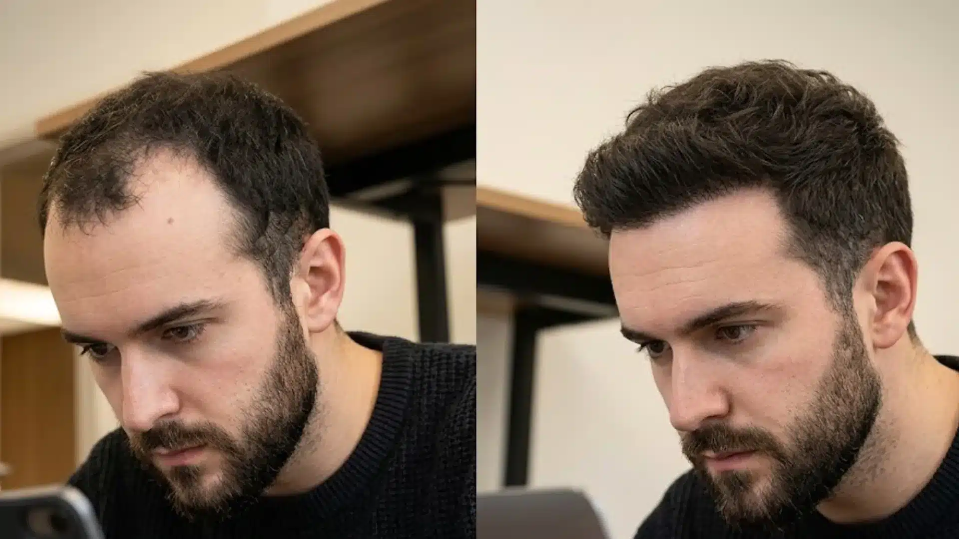 Before and after hairline surgery showing fuller hair growth and a lower natural-looking hairline