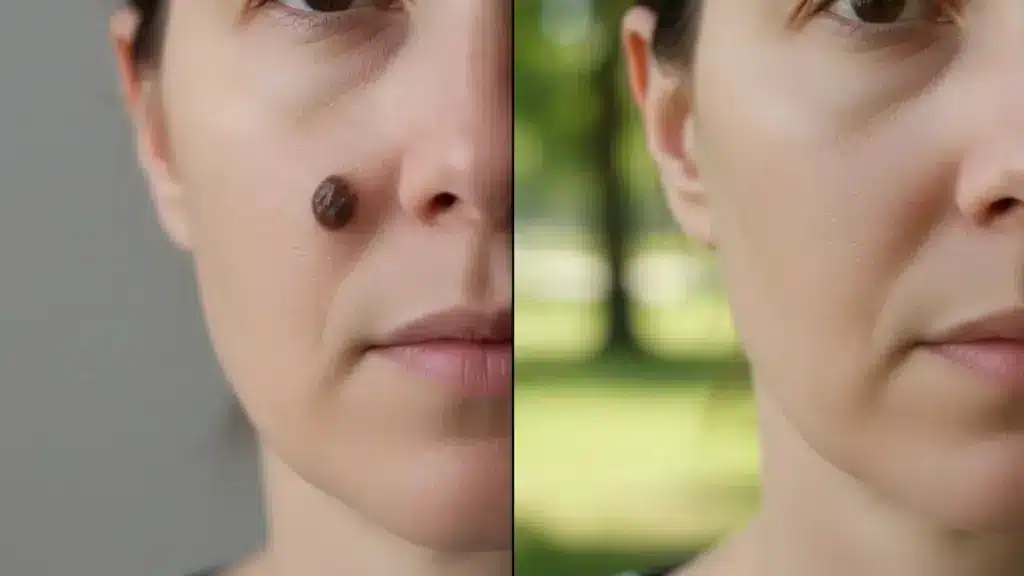Before and after mole removal comparison on face showing skin lesion treated and cleared healthy skin result