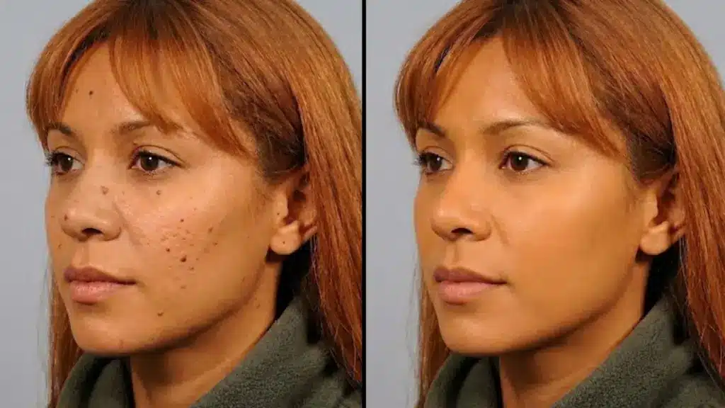 Before and after mole removal on face showing clearer skin and smoother complexion after treatment