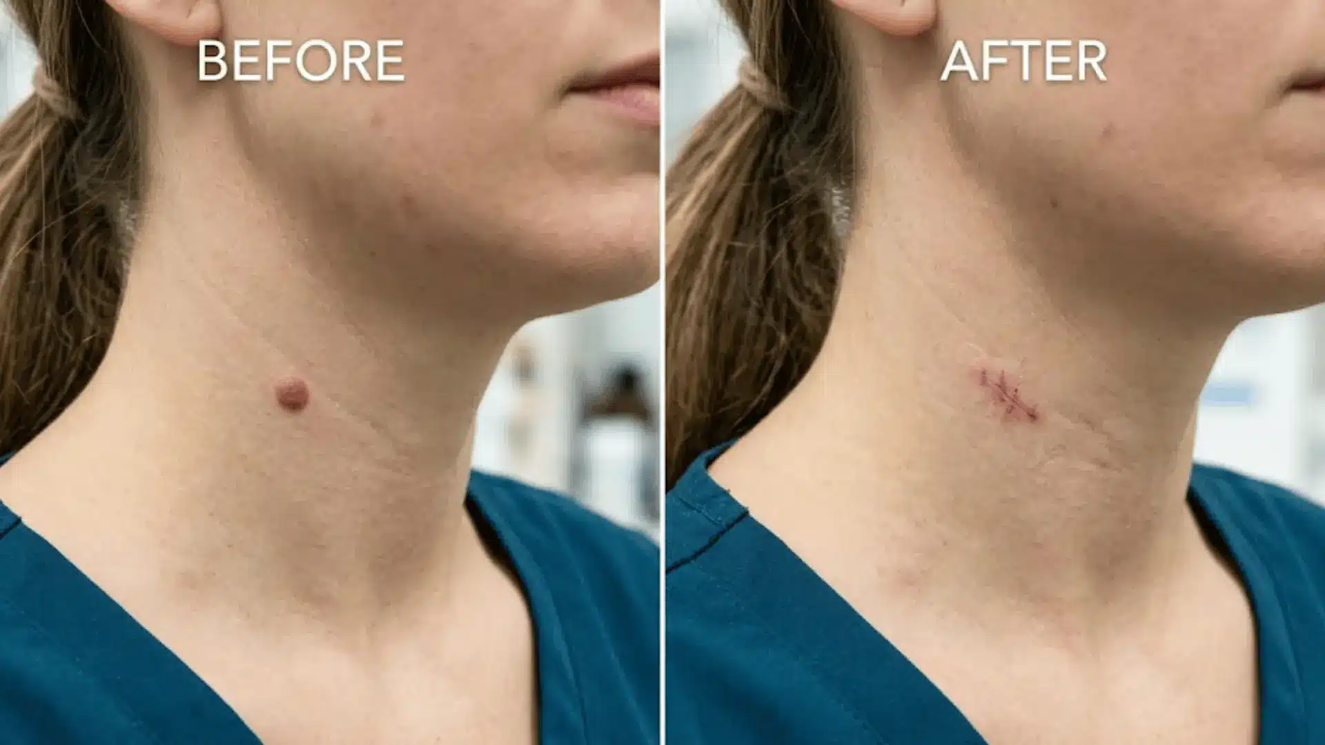 Before and after mole removal on neck showing healing scar with stitches and skin recovery progress