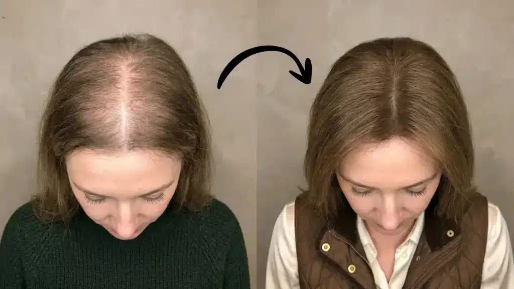 Before and after scalp micropigmentation for women showing fuller-looking hair and reduced visible scalp