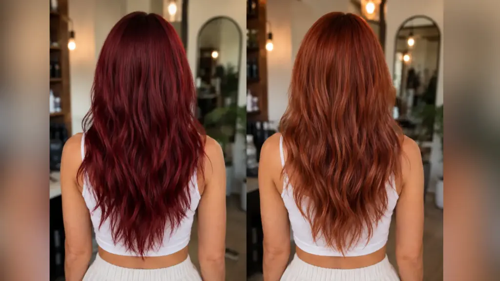 Before-and-after view of a woman’s long wavy hair changing from deep burgundy red to faded copper-red in a salon setting