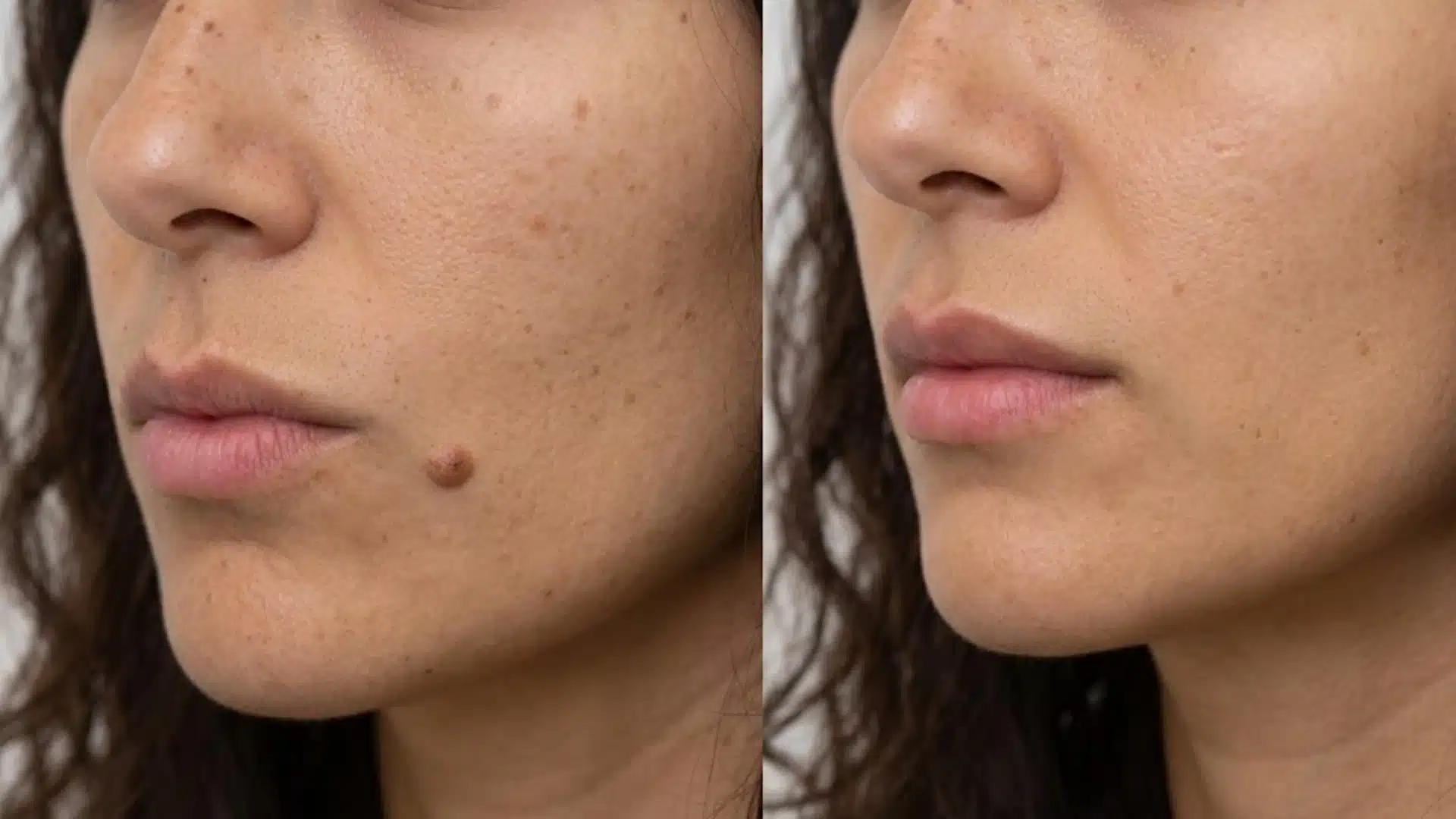 Before and after view of woman's face showing mole removed from cheek with smoother, clear skin result
