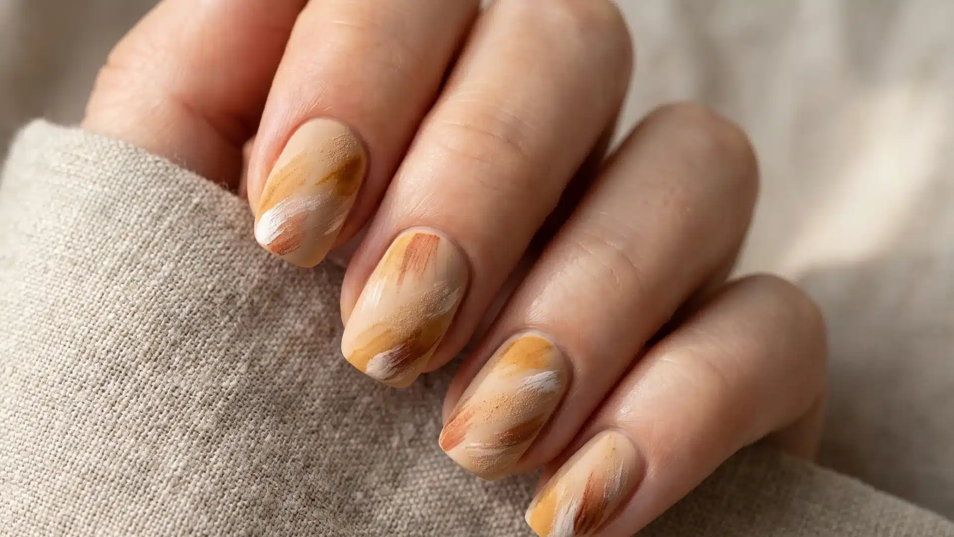 Beige nails with ochre, rust, and white sandstorm brushstroke design