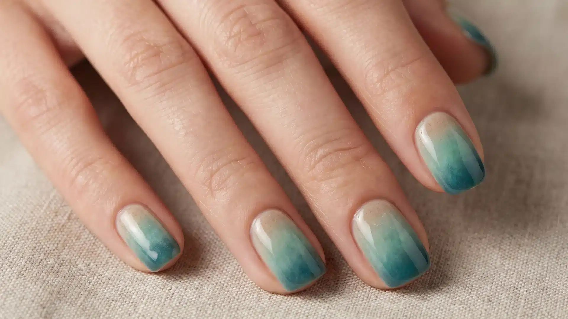 Beige to teal gradient nails with soft tidal pool inspired blend