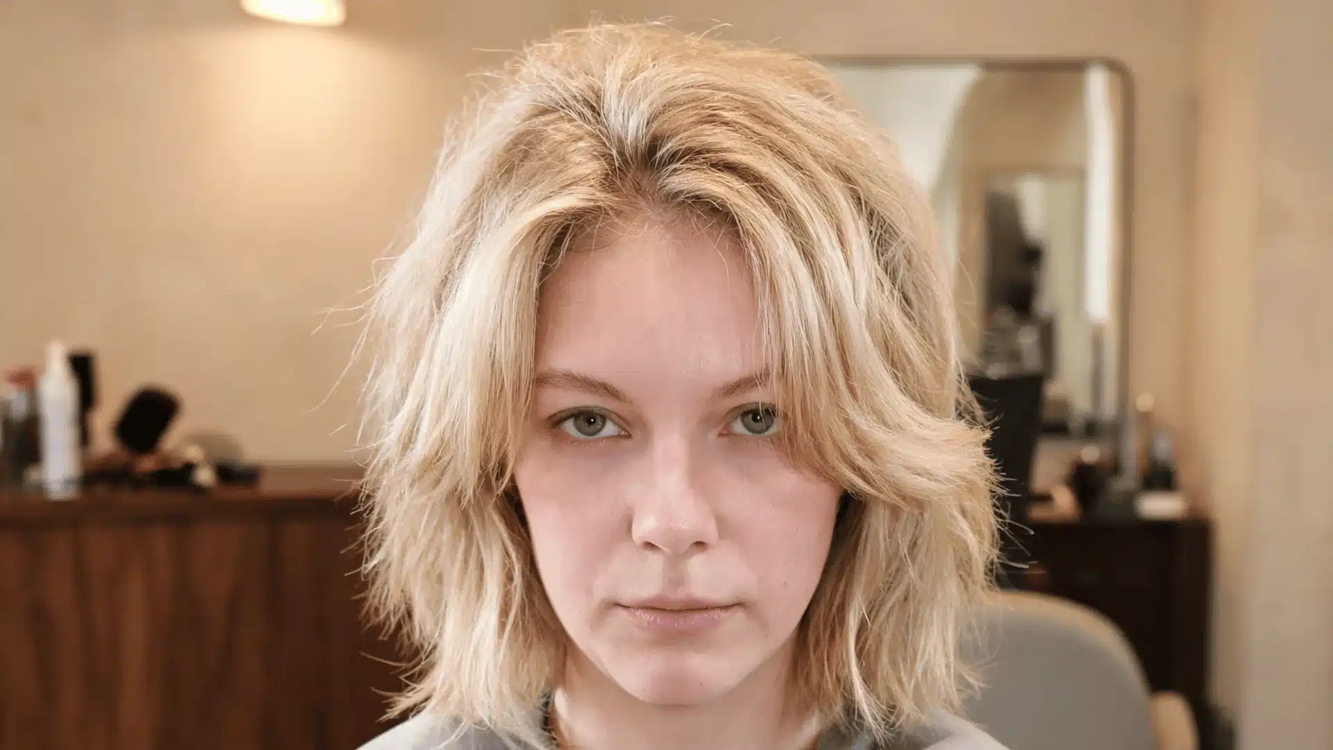 Blonde woman with layered hair sitting in a softly lit salon with a mirror in the background