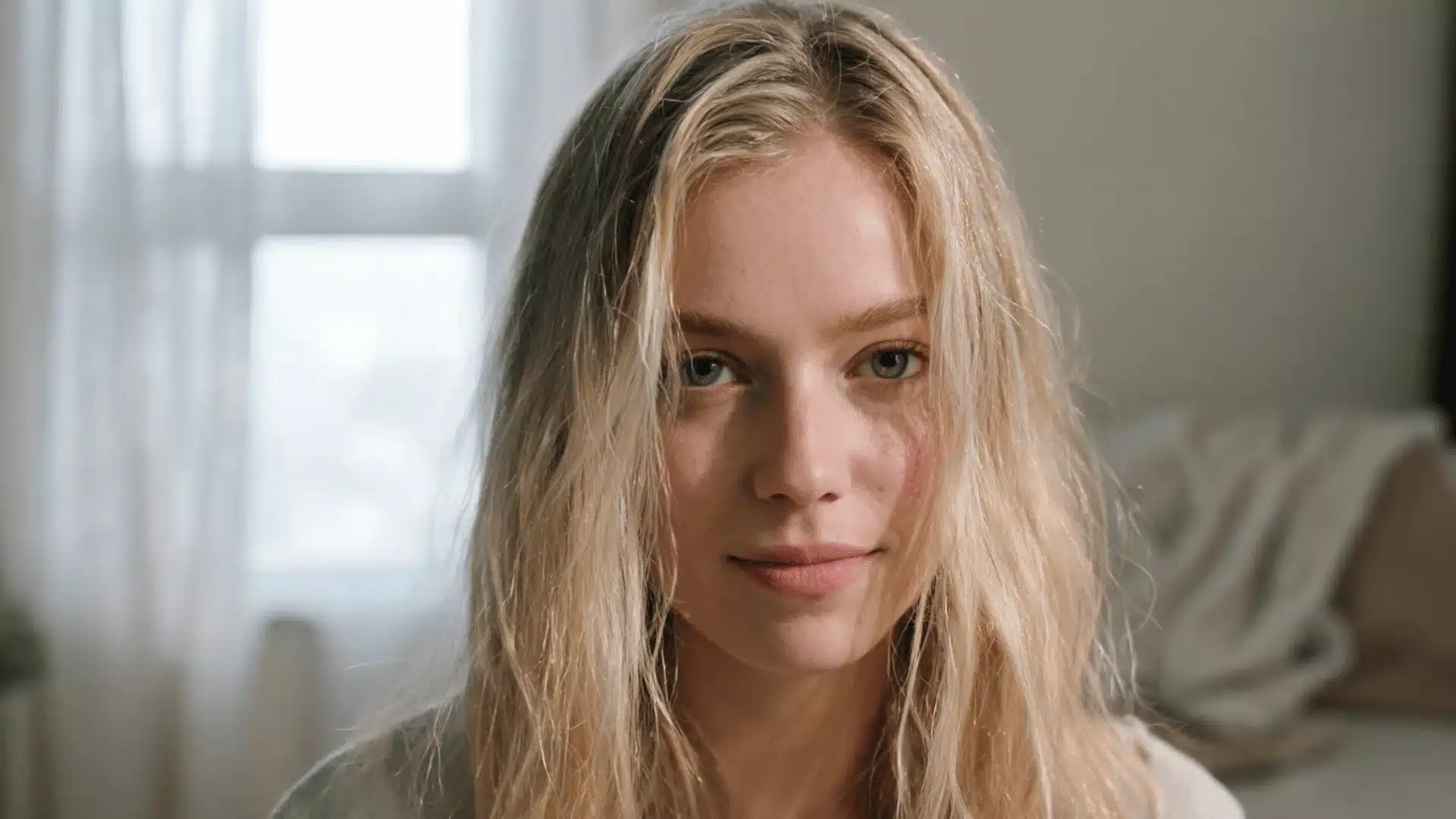 Blonde woman with loose wavy hair sitting in a softly lit room near a bright window