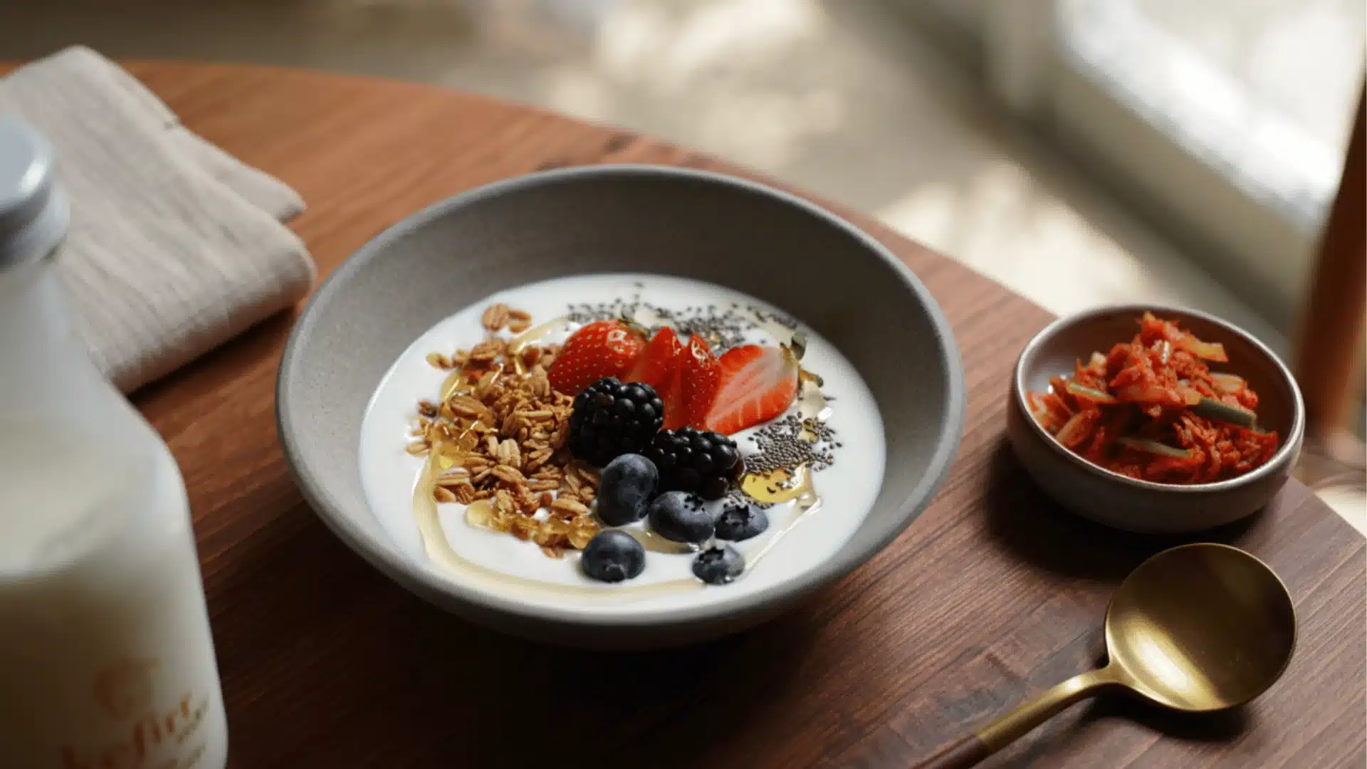 Bowl of yogurt with granola, strawberries, blueberries, blackberries, and honey on a wooden table