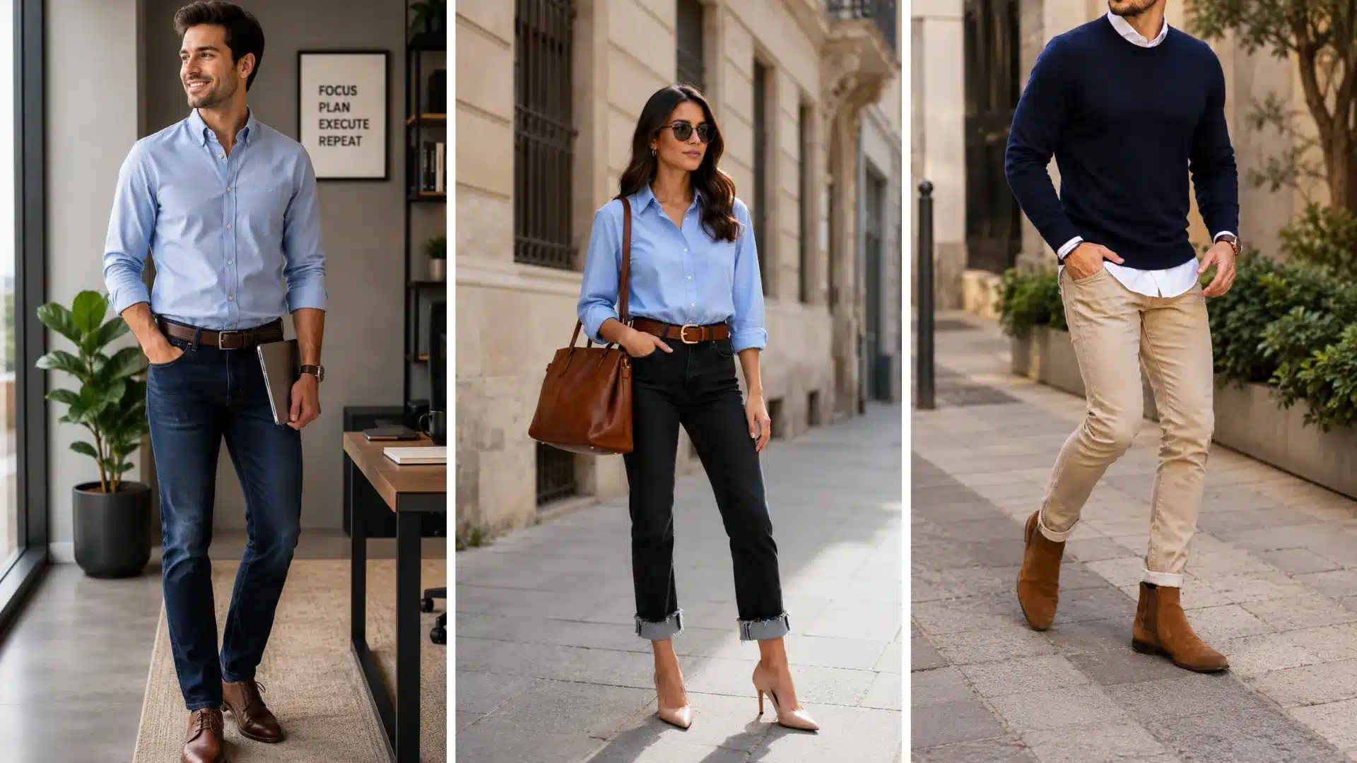 Business casual outfit ideas with jeans, button down shirts, sweaters, and polished office styling