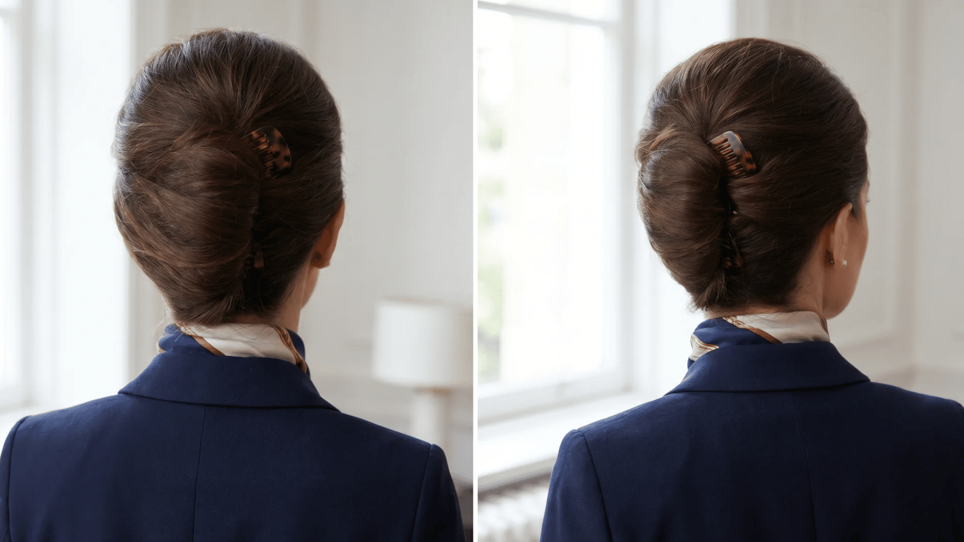 Businesswoman with layered brown hair standing in modern office, back view