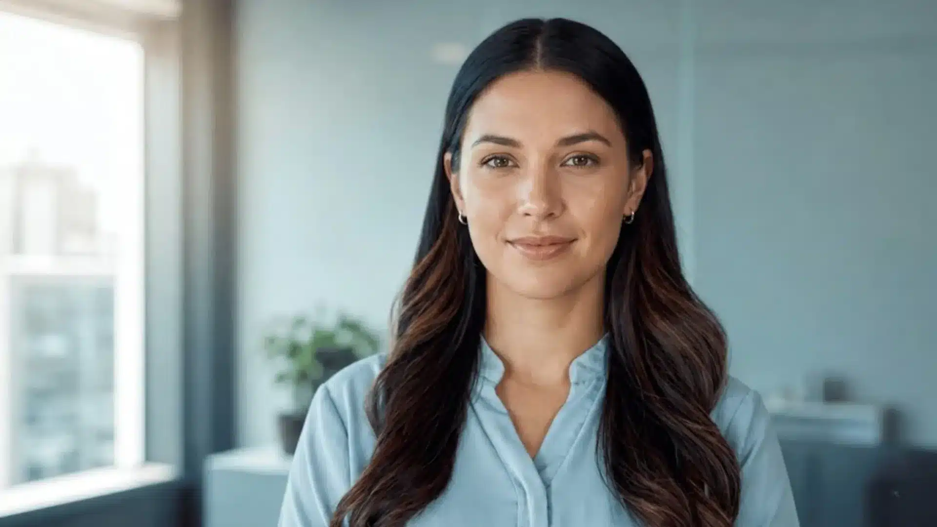 Businesswoman with long wavy hair posing confidently in bright modern office environment