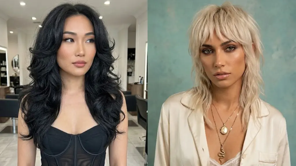 Butterfly cut and wolf cut hairstyles shown side by side with soft layers and textured shaggy volume