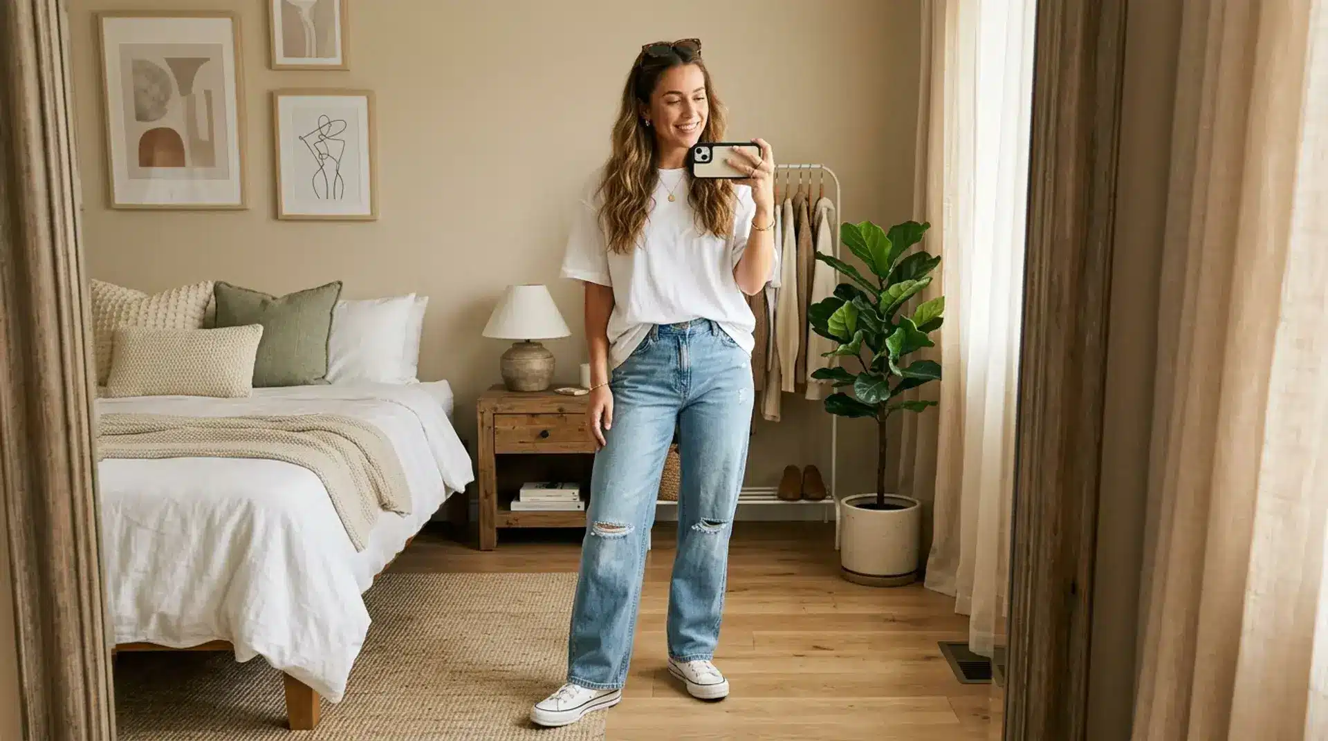 Casual home outfit with white tee and blue jeans mirror selfie in cozy bedroom with minimal decor