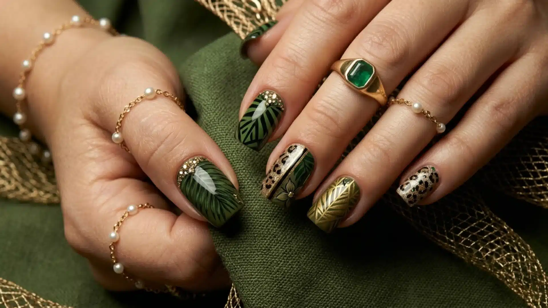 Close-up beauty photo of short square-shaped glossy nails featuring luxury jungle-inspired nail art with olive green leaf patterns, black geometric detailing, and glittery leopard print accents. (1)