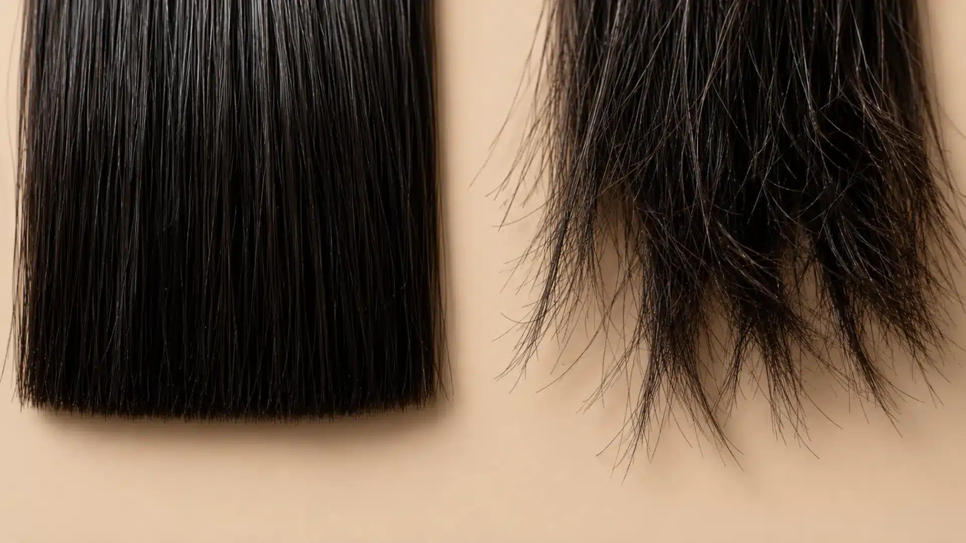 Close-up comparison of hair ends, showing healthy, blunt-cut strands on the left and dry, frayed split ends on the right
