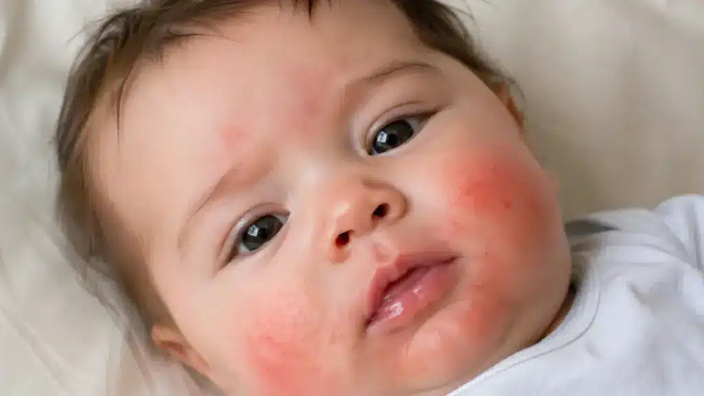 Close-up of a baby's face with red, inflamed skin rashes on their cheeks, chin, and forehead