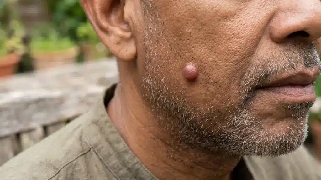 Close up of a man’s cheek showing a raised red skin lump, likely a cyst, with visible texture and facial stubble