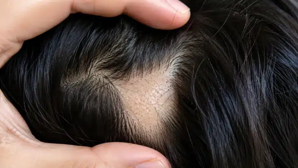 Close-up of a person parting dark hair to show a small, oval bald patch on the scalp with visible hair follicle pores.web