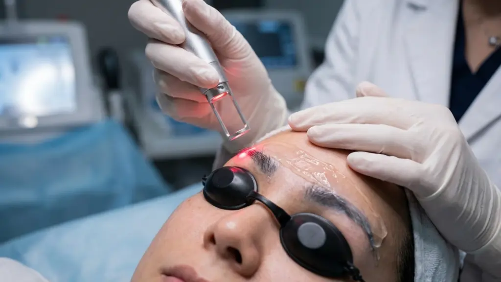 Close-up of a person with protective eyewear receiving a laser eyebrow treatment from a professional in a clinical setting.