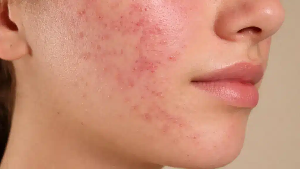 Close-up of a person’s cheek showing inflamed acne with red pimples, visible pores, and uneven skin texture under soft lighting