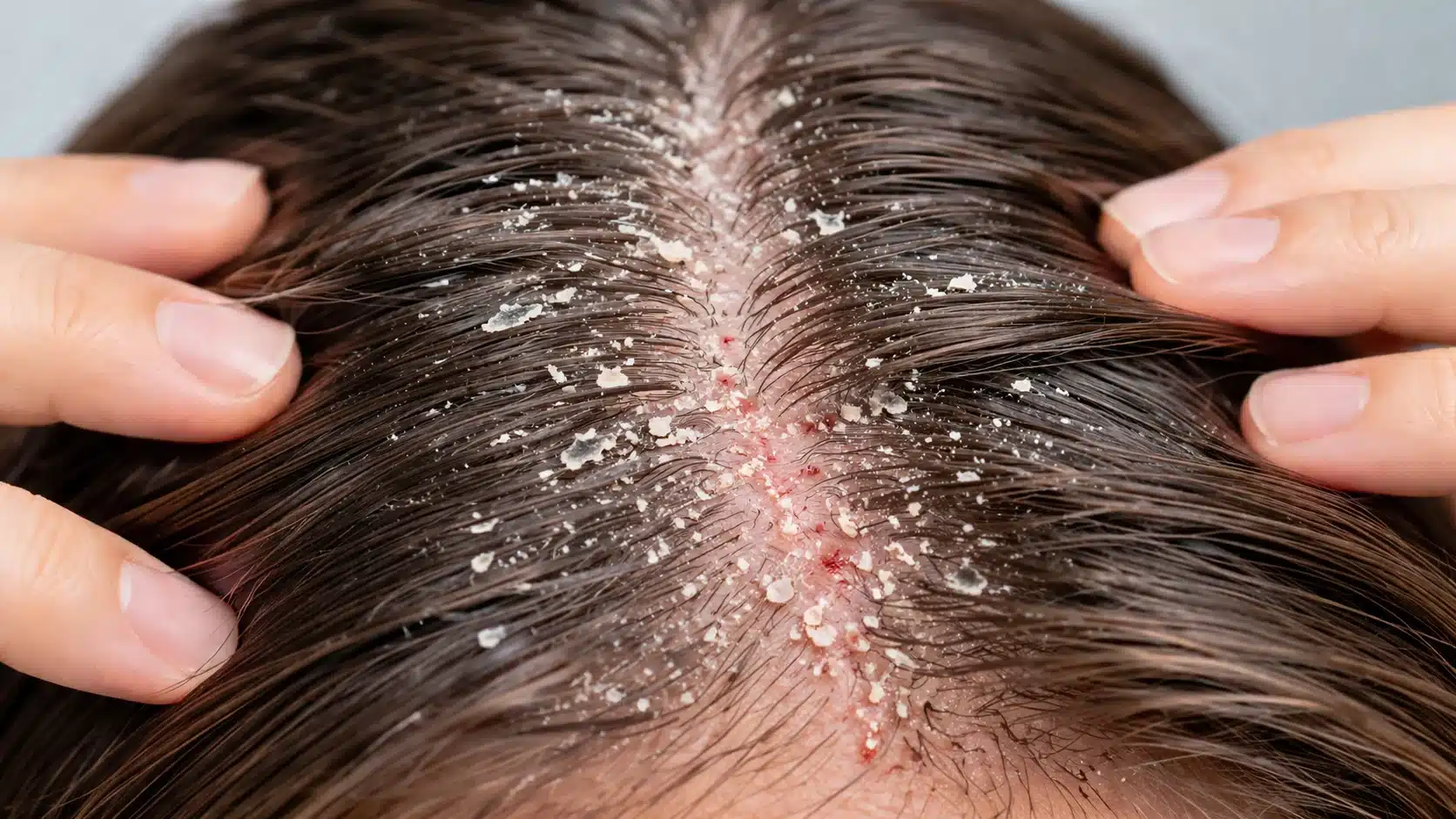 Close-up of a person's scalp showing severe dandruff with thick white flakes, redness, and irritation along the hair part.