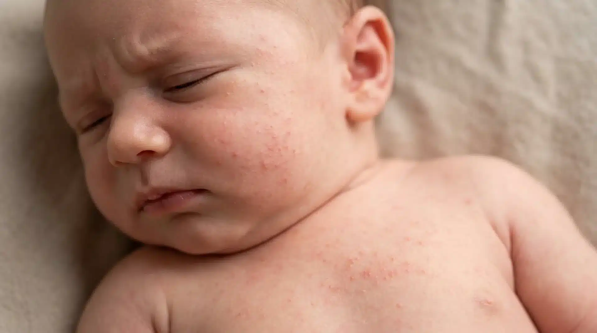 Close-up of a sleeping infant with a red, bumpy heat rash or baby acne across their cheek and chest.