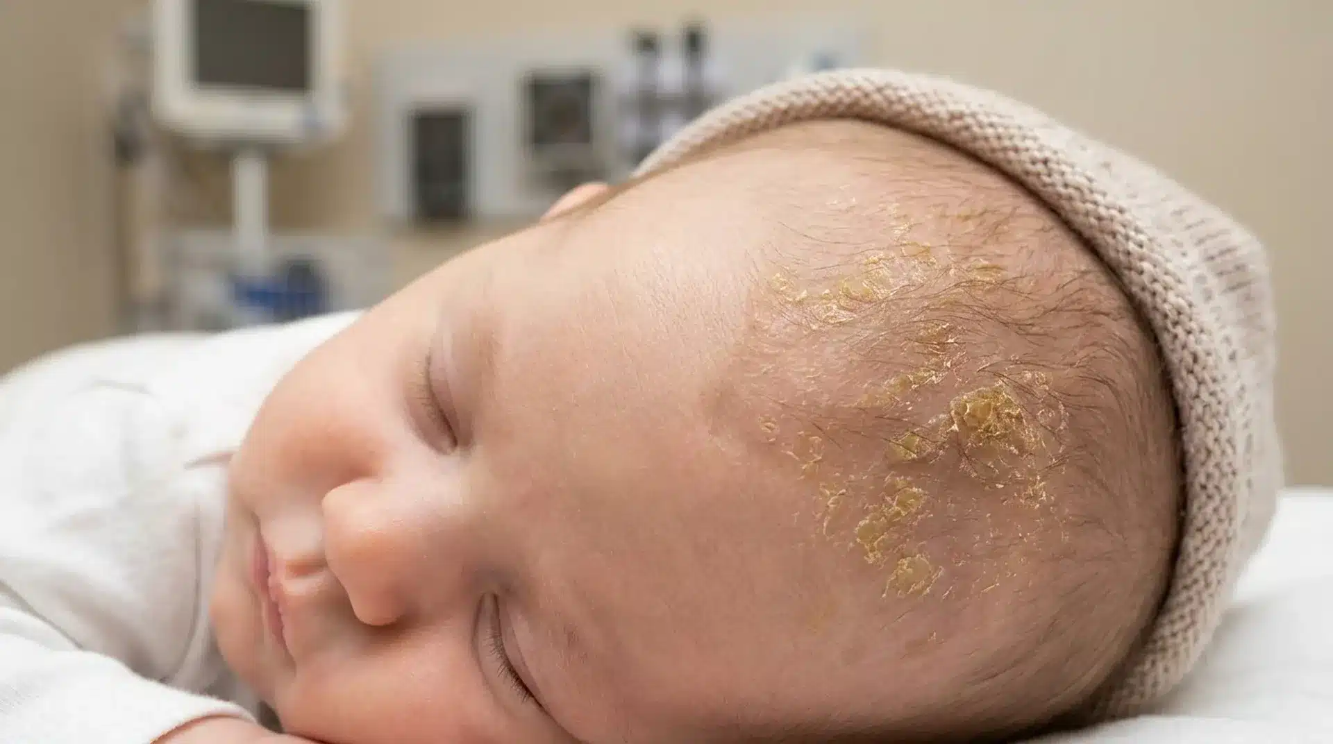 Close-up of a sleeping infant with yellow, crusty patches on their scalp, commonly known as cradle cap.