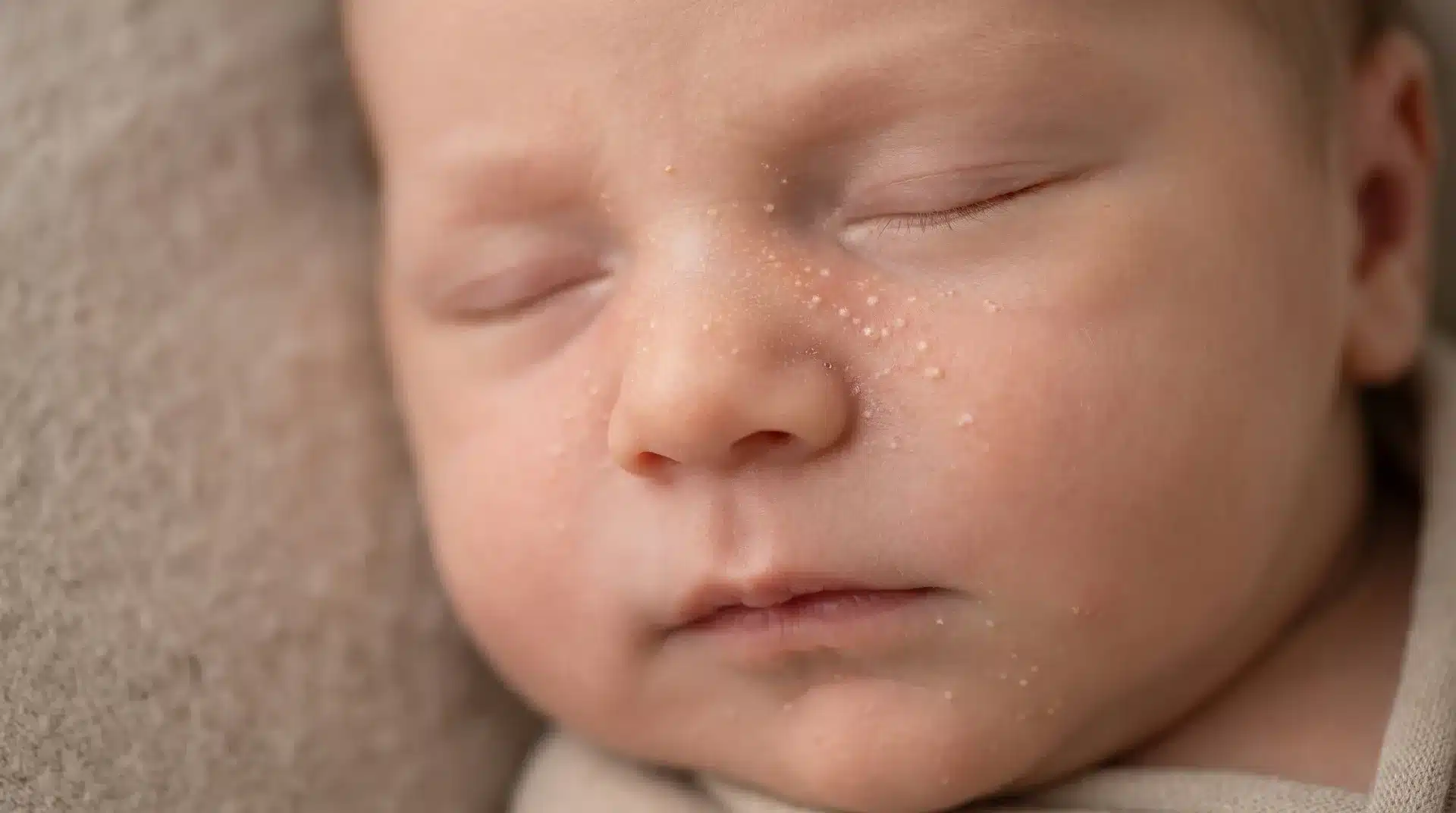 Close-up of a sleeping newborn with small white bumps, known as milia, across their nose and cheeks.