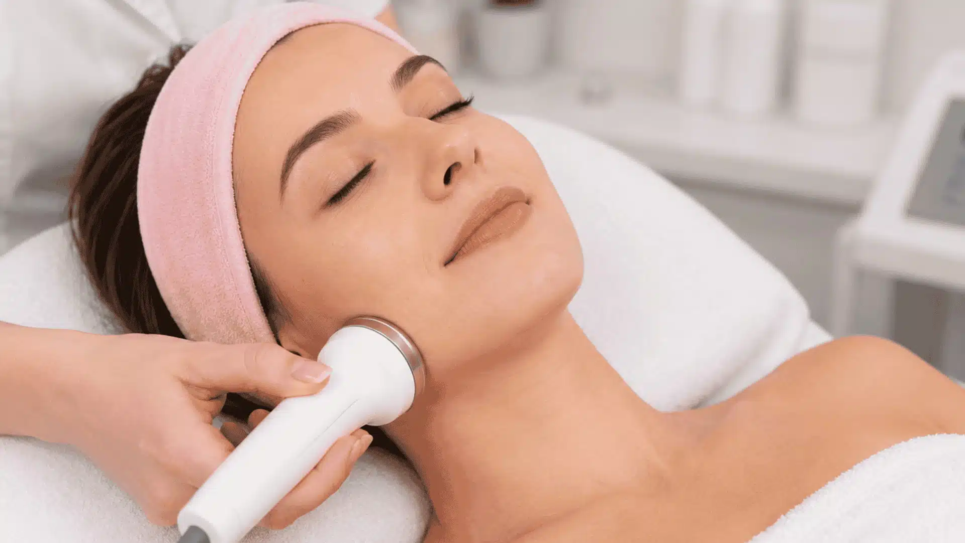 Close-up of a woman receiving a skin tightening facial treatment