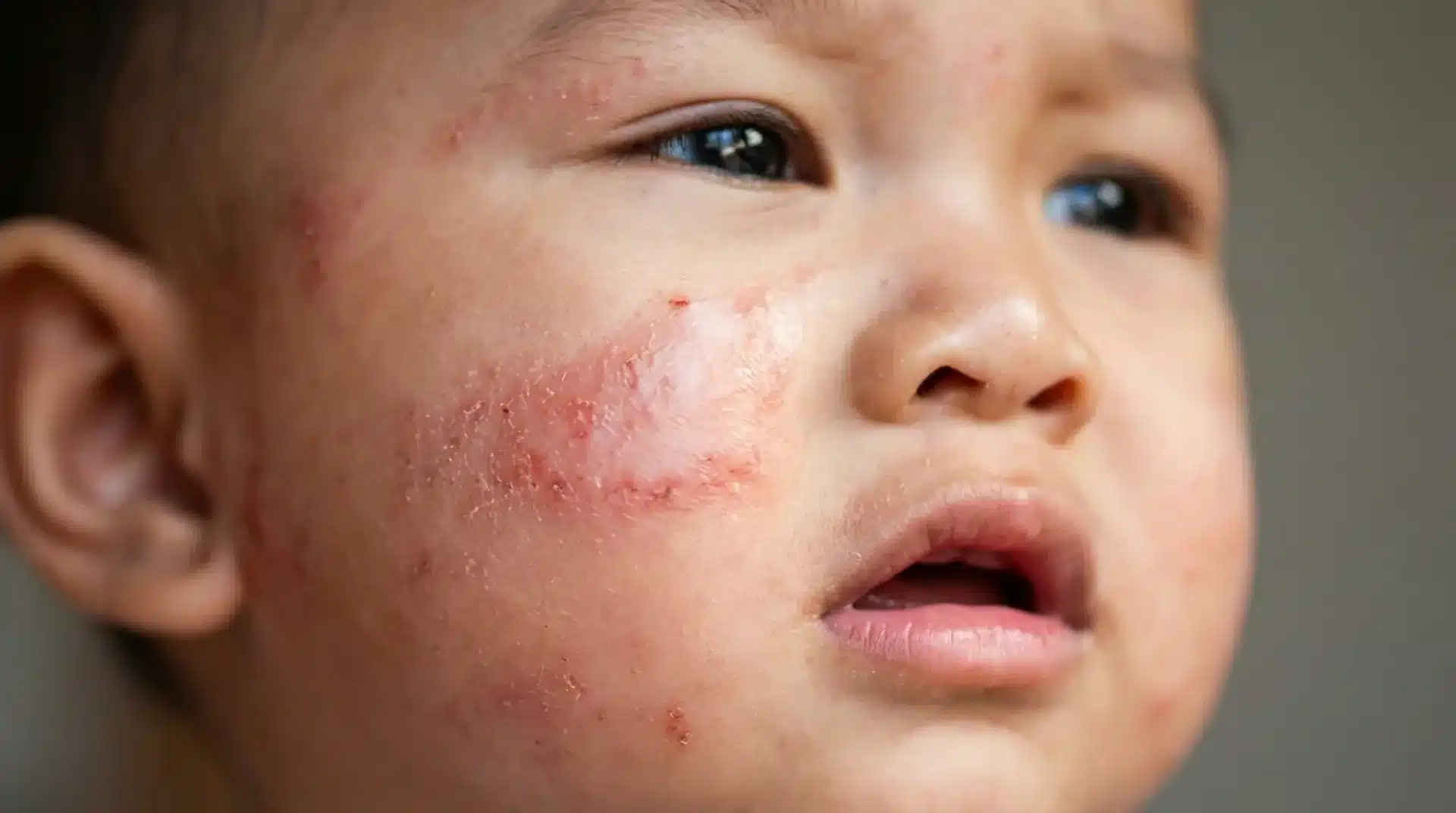 Close-up of a young child with a severe, red, and crusty skin rash covering their right cheek and temple area.