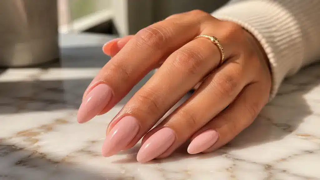 Close-up of almond-shaped acrylic nails in blush pink on white marble surface