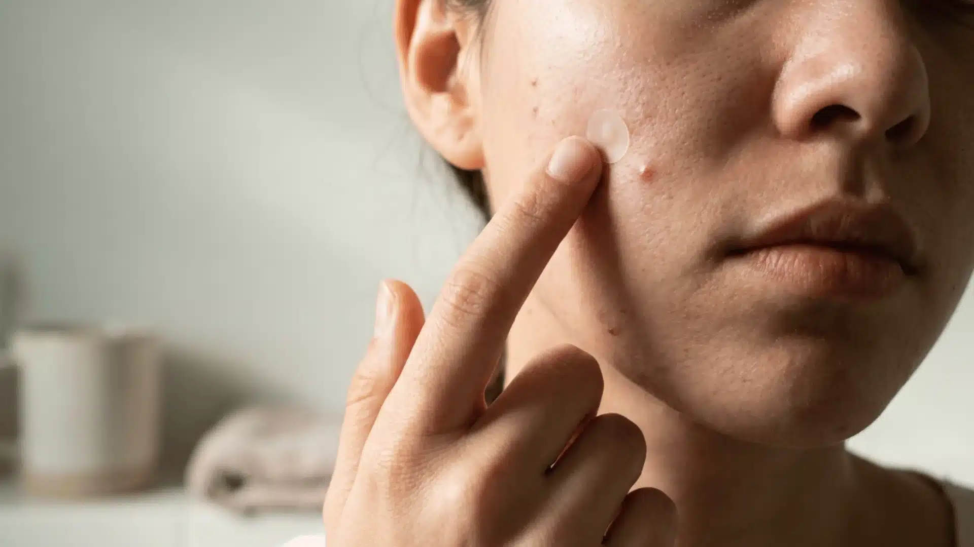 Close up of applying pimple patch on acne spot during skincare routine