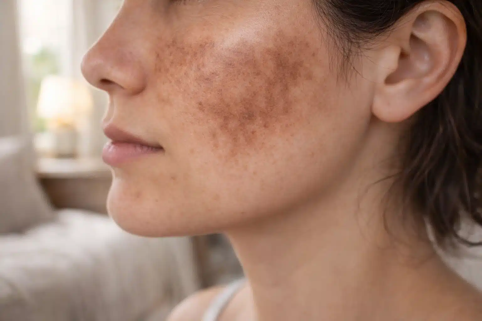 Close up of cheek with melasma showing dark uneven patches and clustered pigmentation across the skin surface