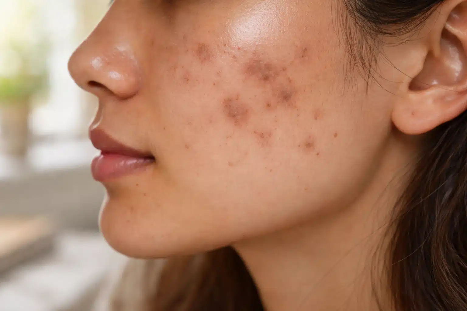 Close up of cheek with post inflammatory hyperpigmentation showing dark spots and acne marks on uneven skin tone
