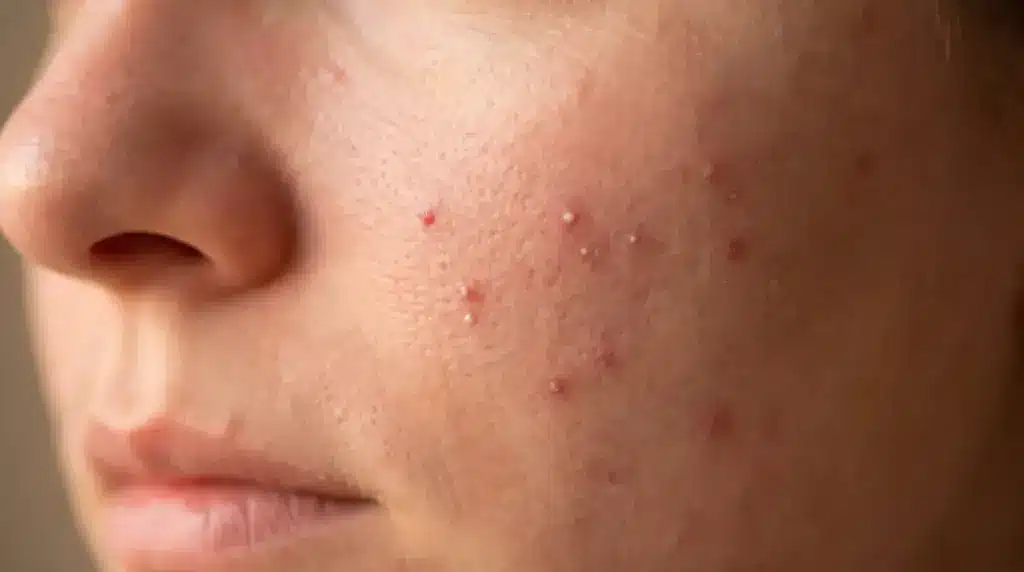 Close-up of cheek with visible acne, small pimples, and textured skin near nose and lips in soft lighting (1)