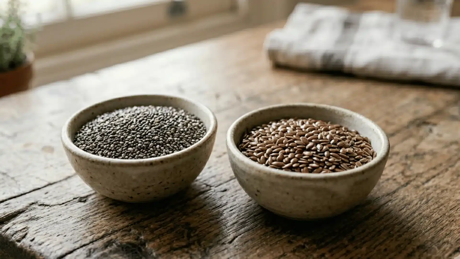 Close-up of chia seeds and flaxseeds in small bowls