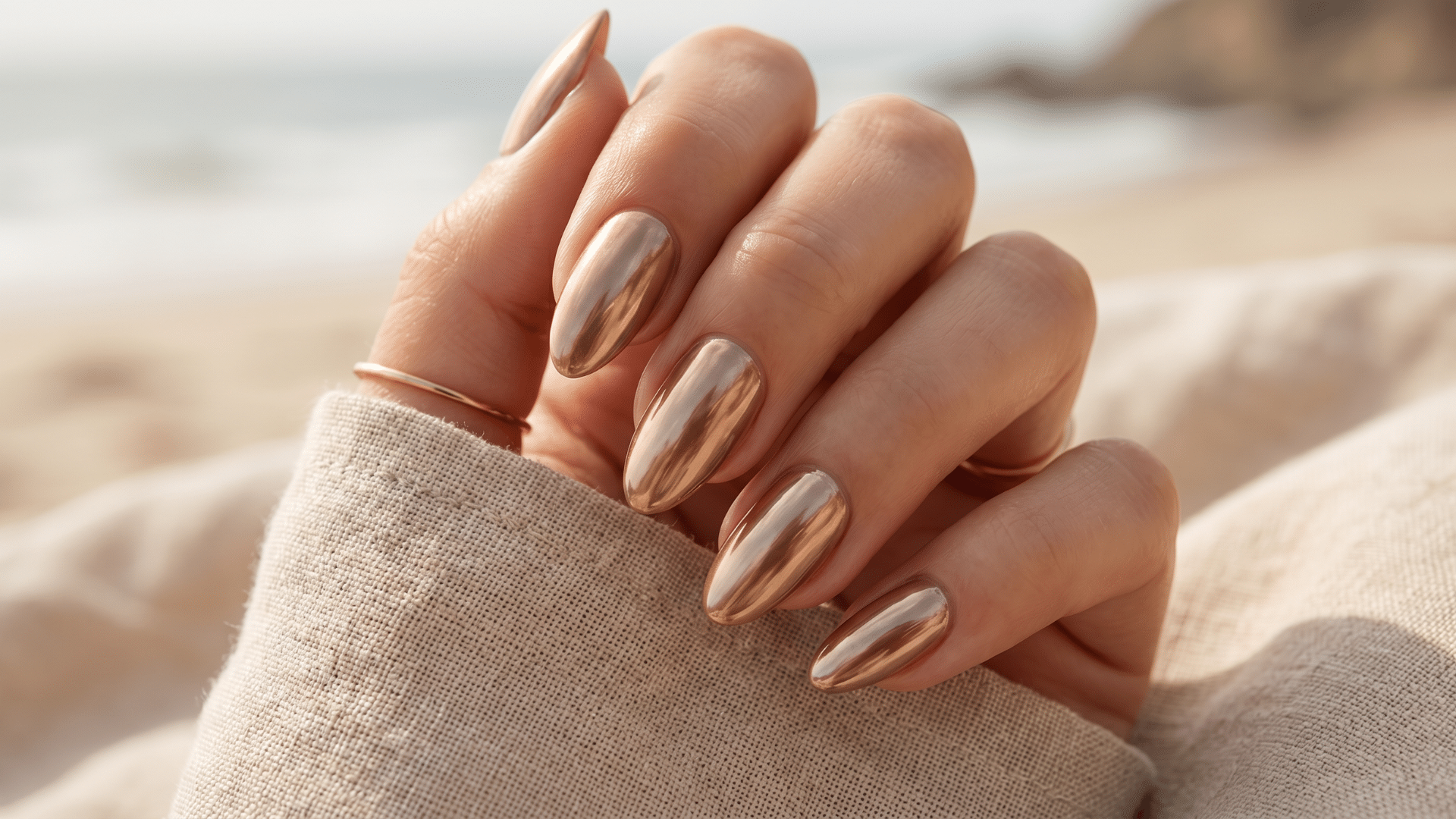 Close-up of chrome gold almond nails on hand with soft beach background