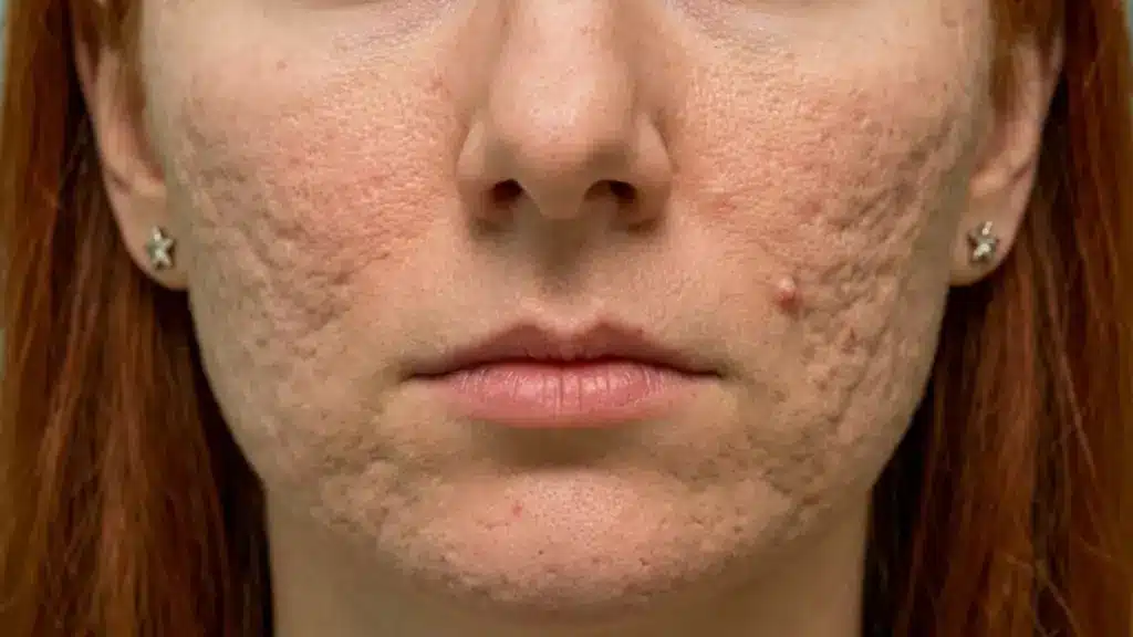Close-up of deep acne scars and uneven skin texture on cheeks with visible post-acne facial marks