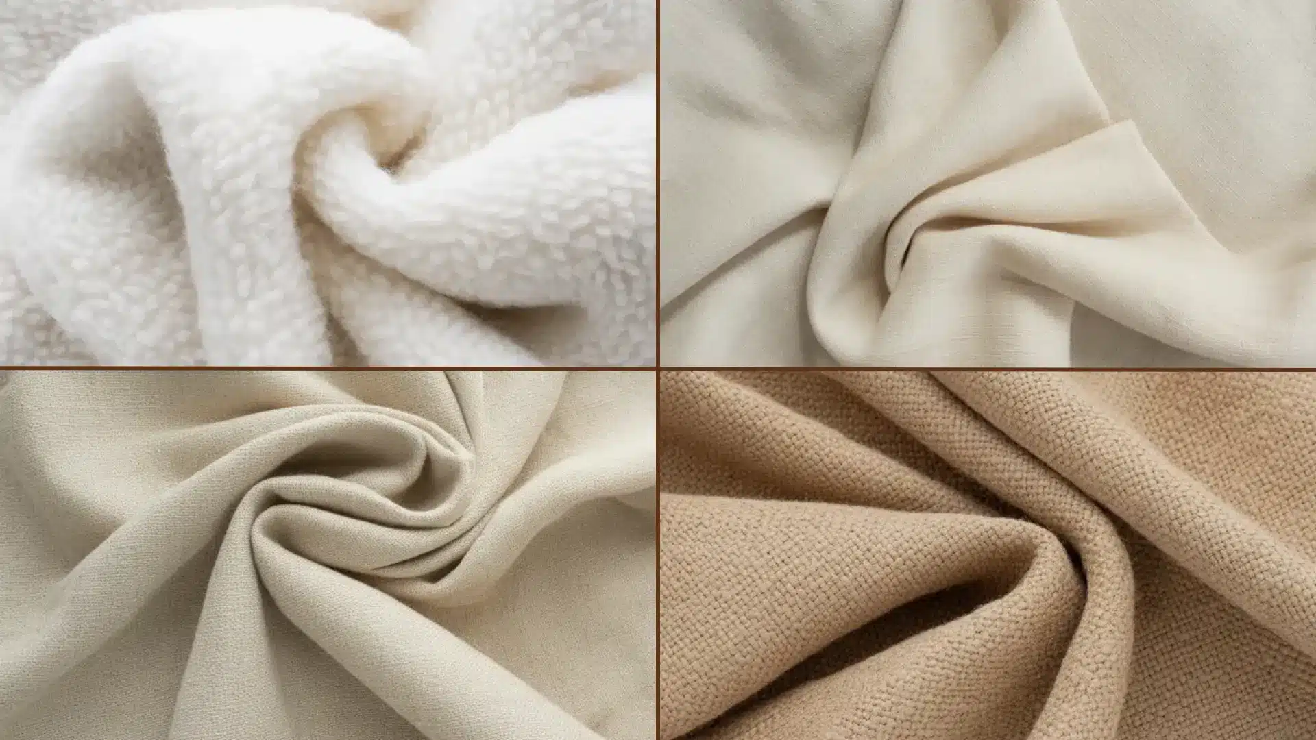 Close-up of different natural fabric textures including fleece cotton and woven material showing softness folds and textile detail