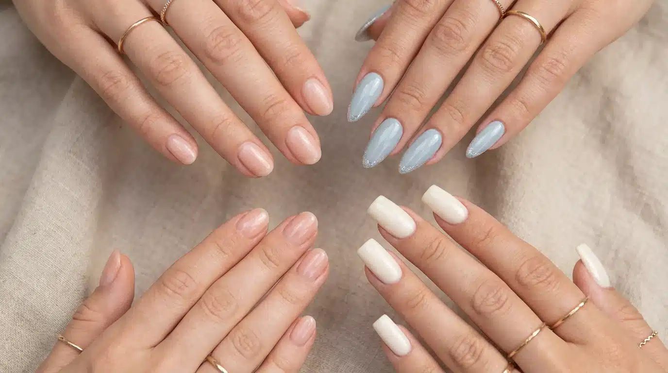 Close-up of four hands showcasing different manicure styles including nude, light blue with glitter, and solid white