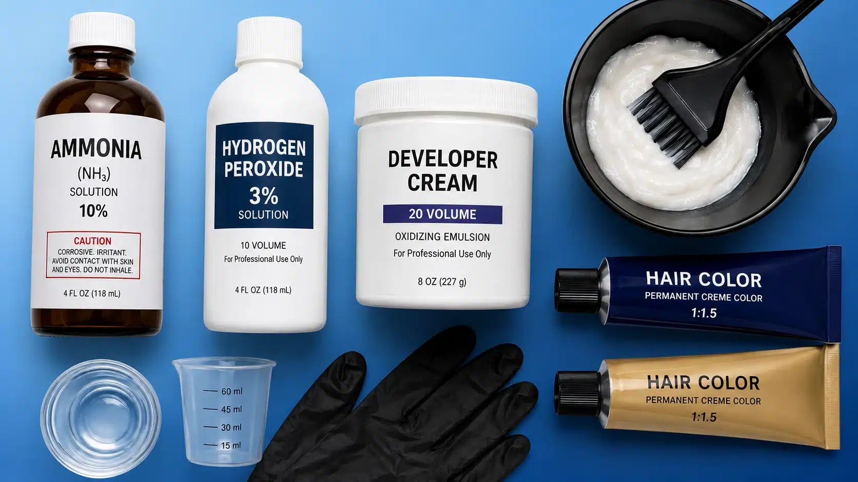 Close-up of hair dye ingredients including ammonia, peroxide, developer, and color tubes on a clean white surface