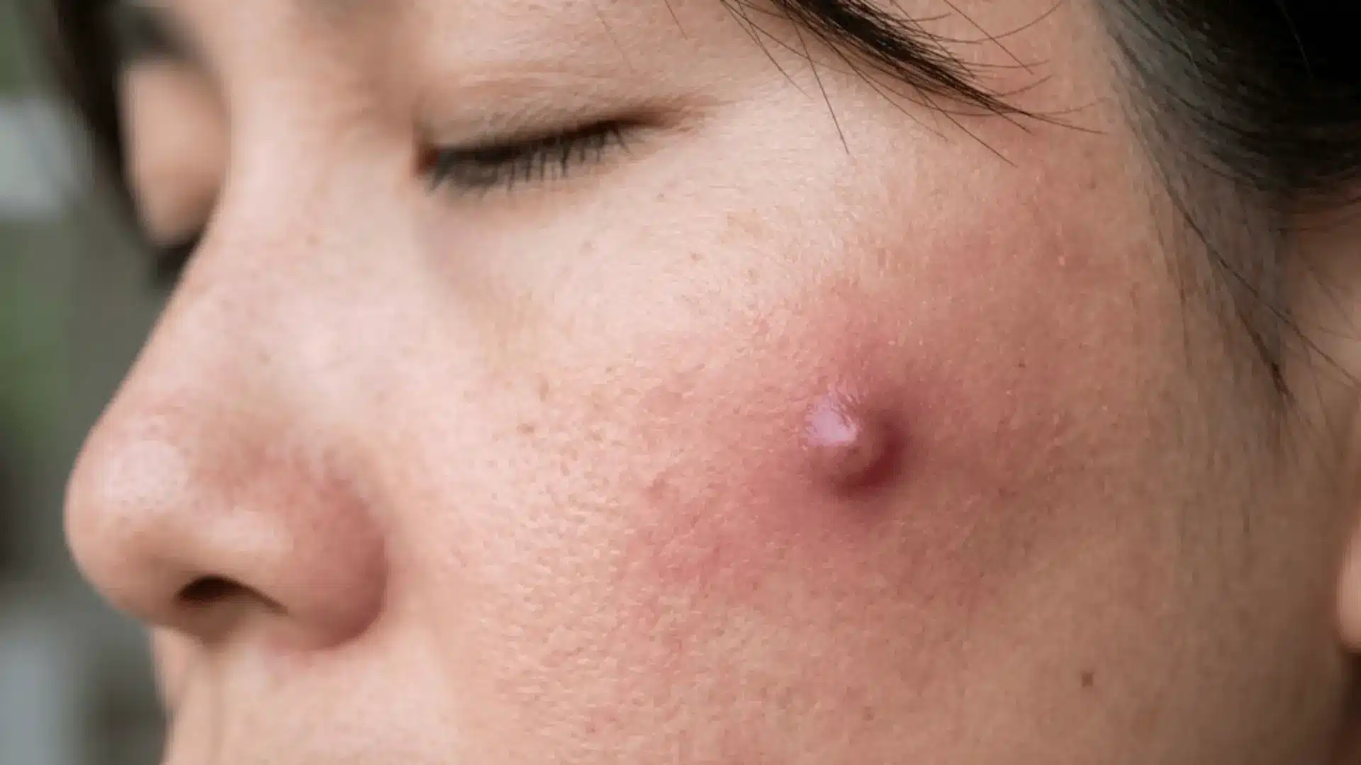 Close-up of inflamed blind pimple on cheek with no visible head showing redness and swelling