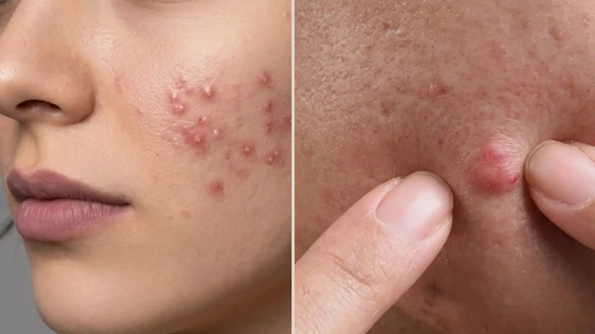 Close up of inflamed cyst with fingers pressing it and pimple breakout on facial skin with redness and irritation