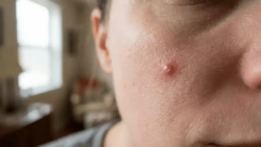 Close up of inflamed red pimple on skin showing natural texture and acne detail