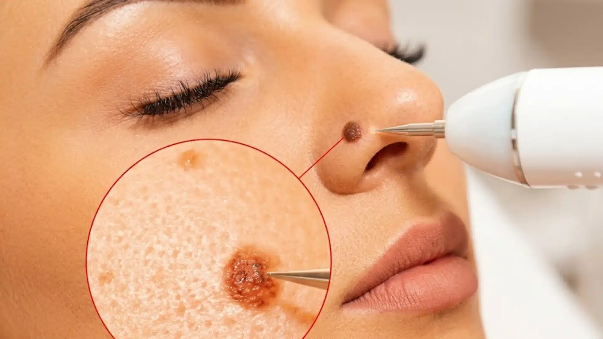 Close-up of laser mole removal on nose with magnified inset showing targeted treatment area on skin