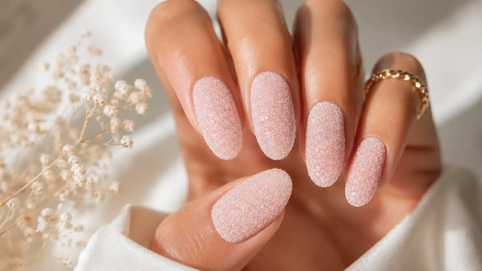 Close-up of pastel pink textured sugar nails with soft lighting, gold ring, and delicate floral background