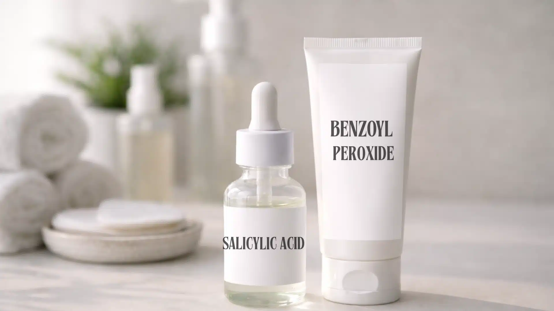 Close-up of salicylic acid serum dropper bottle and benzoyl peroxide tube on a clean minimal surface with soft natural lighting
