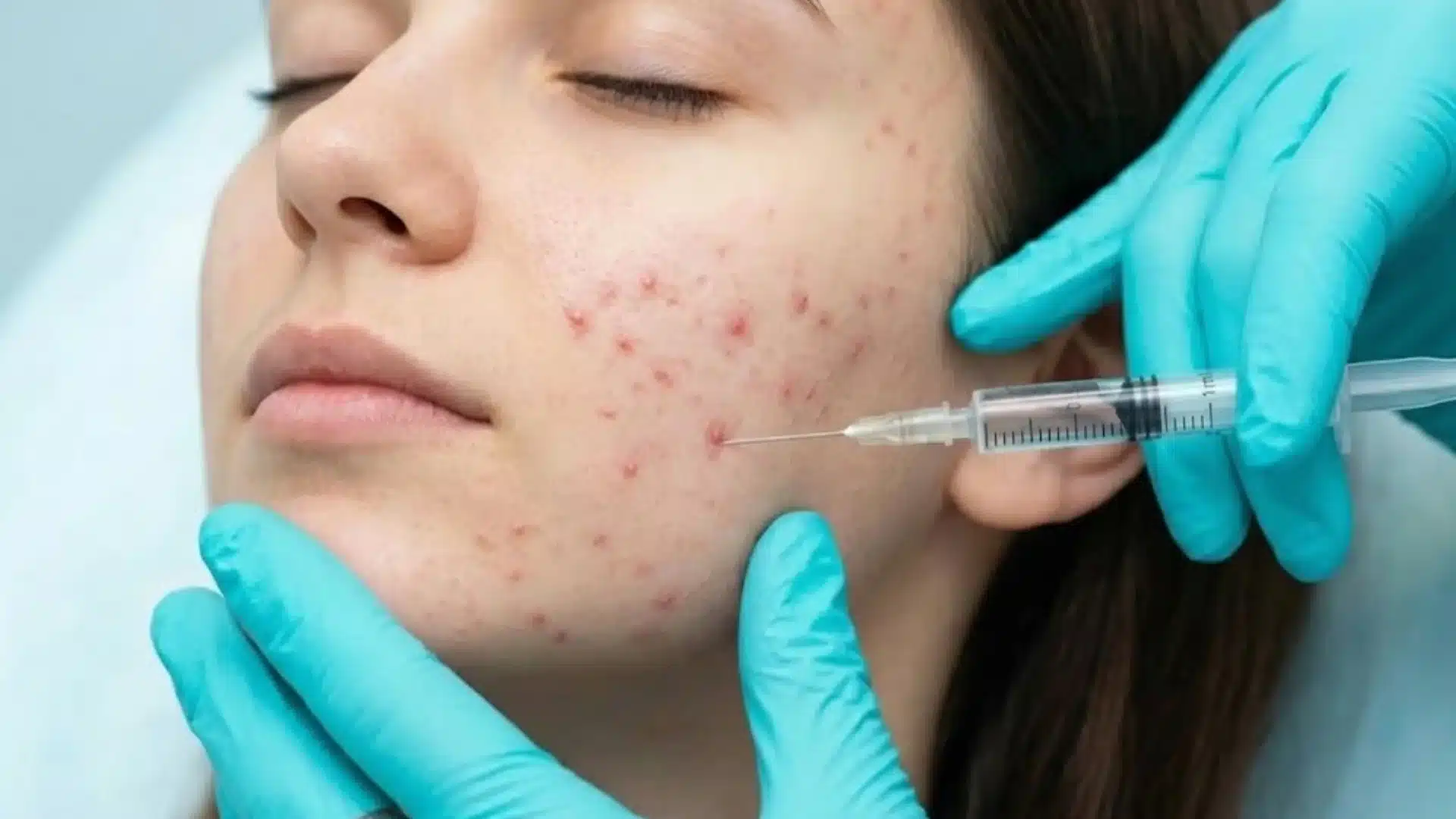 Close-up of woman receiving injection treatment on cheek by gloved professional in clinic