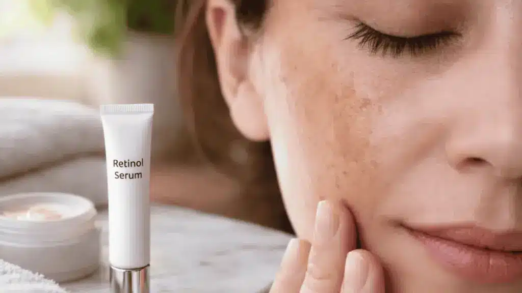 Close up of woman with visible dark spots on cheek next to retinol serum tube showing skincare treatment for hyperpigmentation