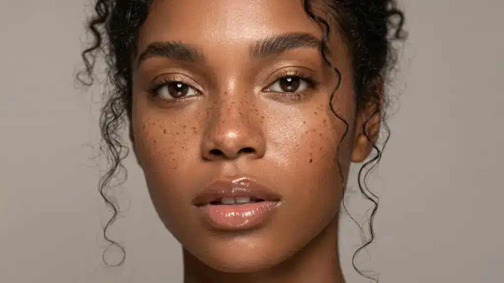 Close up portrait of woman with glowing skin, natural makeup, visible freckles, and soft lighting